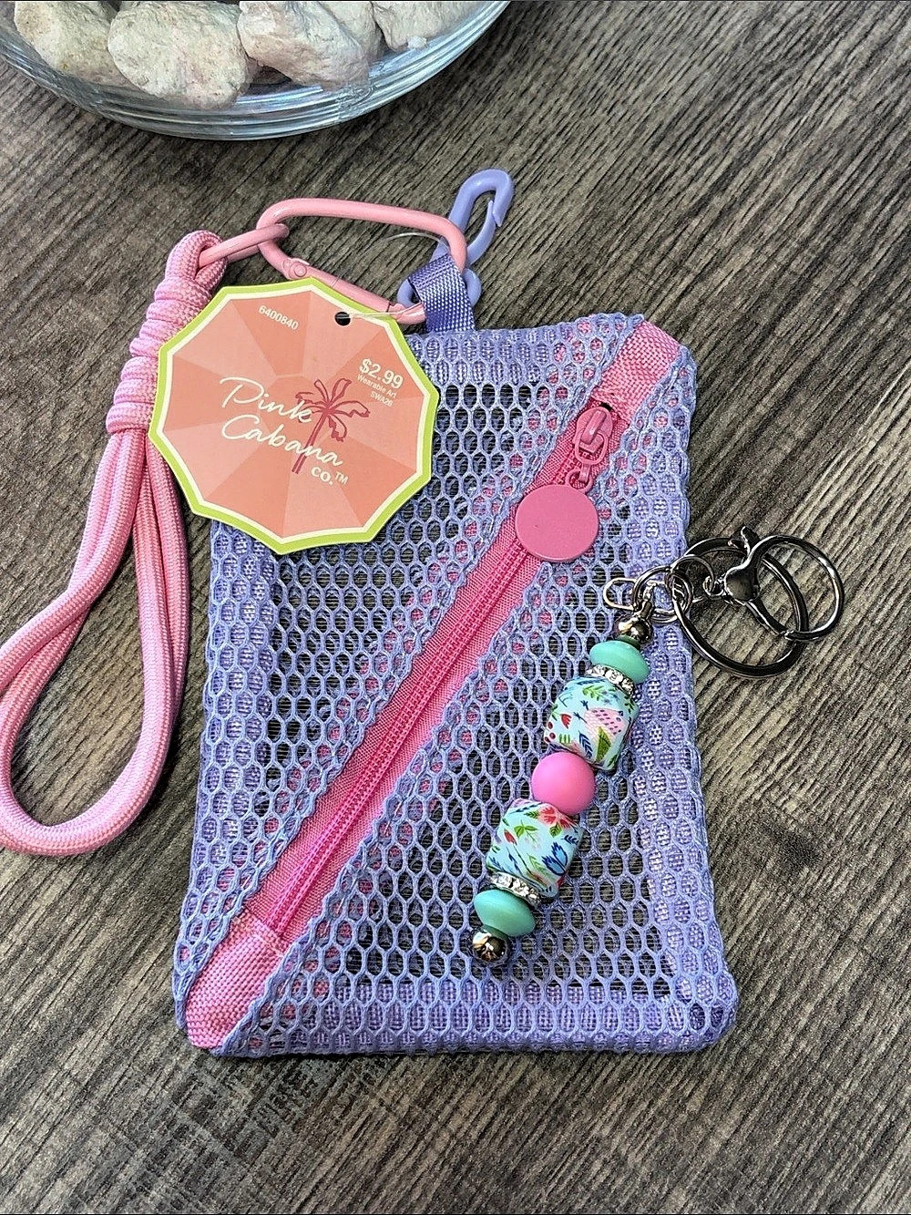 🔥5 for $25🔥Pink Cabana Mesh Coin Pouch in Purple & Pink with Handmade Keychain